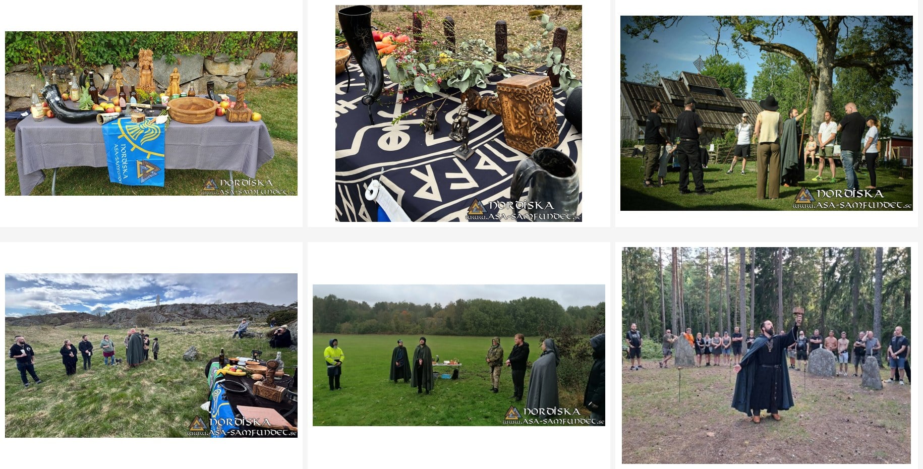 Bilder från blot och samlingar: ett altare med horn och gudabilder, en hammare på en runduk, och grupper som samlas utomhus